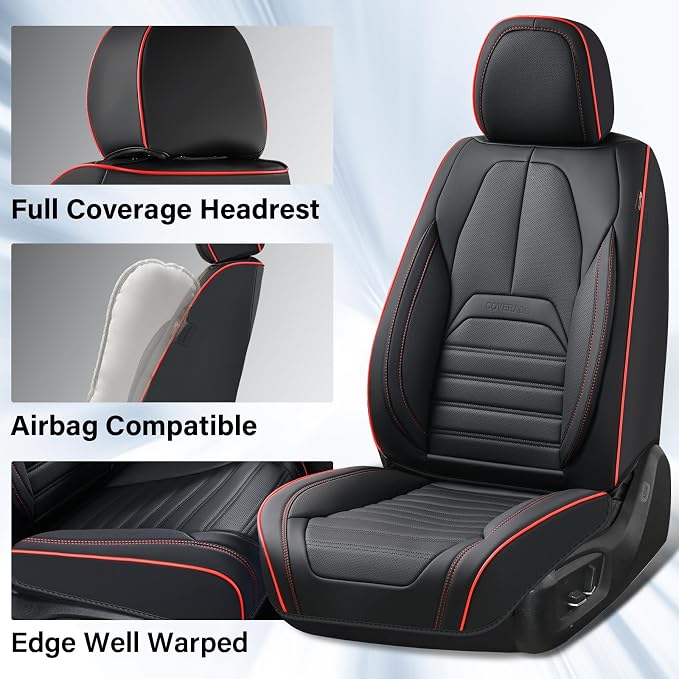 Coverado Car Seat Covers Full Set, Black Redline Seat Covers for Cars, Automotive Seat Covers, Waterproof Nappa Leather Front Seats and Back Car Seat Protector, Universal Fit for Most Cars SUV Trucks