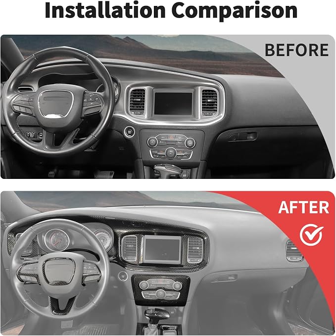 JWWY Carbon Fiber Interior Trim Kit for 2015–2026+ Dodge Charger, Dashboard Instrument Panel Gear Shift Knob Center Console AC Control Panel Cover Interior Accessories 14PCS