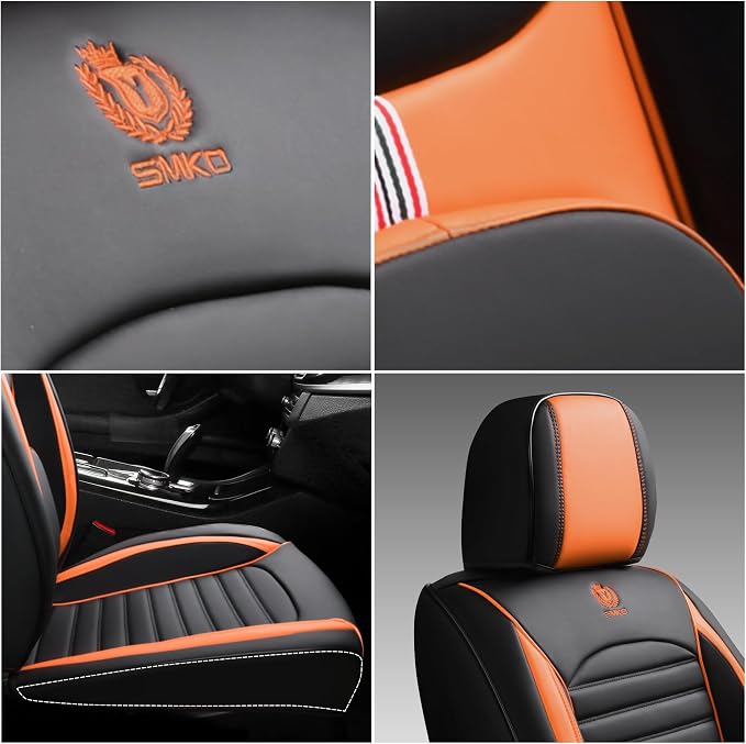 BGYFDU03 Seat Cover 5-Seater Full Set, Universal Type, Suitable for Most Cars Pickup Ttrucks Airbags Compatible with Synthetic Leather Car Seat Cushion Protectors (Black-Orange)