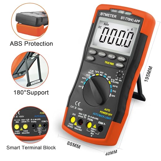 BTMETER Digital Multimeter, Handheld TRMS 6000 Multi Meter Auto Range Voltmeter Ammeter Measure AC DC Volt Amp Ohm Continuity Capacitance Frequency Diode hFE Transistor Temp 770HC-APP