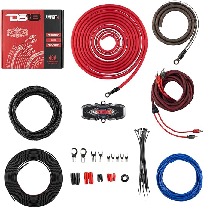 DS18 AMPKIT4 4 Gauge Amp Installation Wiring Kit - Amplifier Installation Kit 4 GA - A Car Amplifier Wiring Kit Simplifies Wire Connections and Delivers Power to Your Radio, Subwoofers, and Speakers