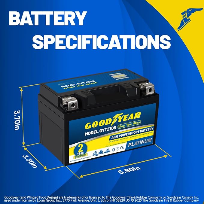 Goodyear GYTZ10S - 12 Volt 10 AH, 190 CCA, Rechargeable High-Performance, Maintenance Free, SLA - AGM Battery for Motorcycle, ATV, UTV, Scooter, Snowmobile, Motorbike and more!