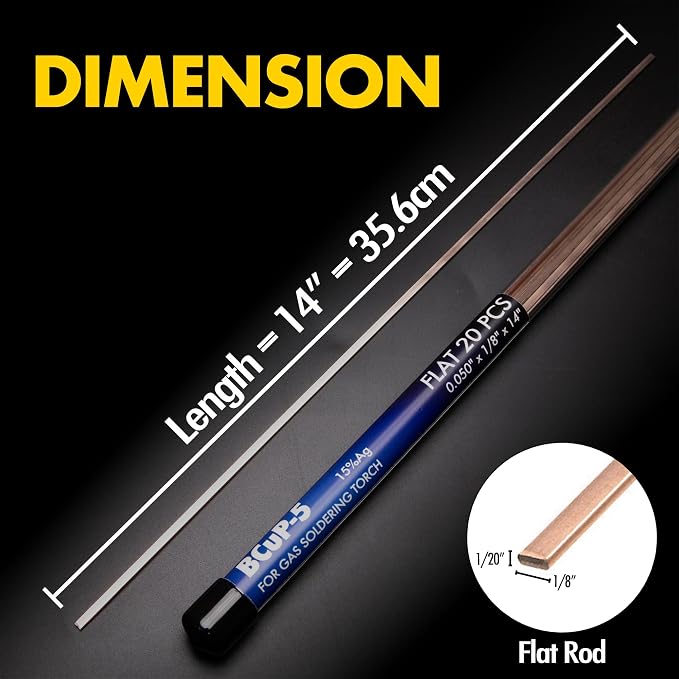 20 Sticks Brazing Rods Bcup-5 15% Silver Solder Phos Copper Brazing Alloys Flat Welding Rods Industry 0.050" x 1/8" x 14" for Air Conditioning Refrigerator Cold Storage HVAC Units