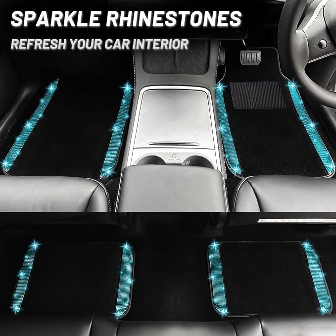 NBTEPEM 12 Pcs Bling Car Accessories Set for Women Car Floor Mats Full Set Steering Wheel Cover Seat Belt Covers Coasters Universal Fit Car SUV Truck Van Aquamarine