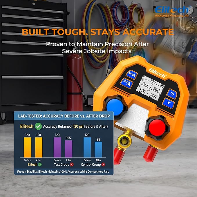 Elitech AC Gauge Set, Digital Manifold Gauge Set for HVAC & Automotive Systems, Supports 88 Refrigerants, DMG-2SE with 3 Color Hoses, R134a Quick Couplers, Can Tap & Wrench