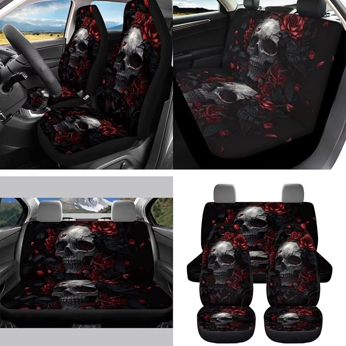 15 Pcs Red Rose Skull Car Seat Covers Full Set for Women Goth Car Accessories Interior Car Steering Wheel Cover Seatbelt Covers Trash Bin Rear View Mirror Cover Cup Holders Keychain