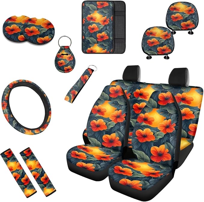 13 PCS Hawaii Hibiscus Flower Car Seat Covers, Orange Red Jasmine Flowers Car Steering Wheel Cover Cup Mats, Cineraria Floral Vehicle Keyring Headrest Cover Universal