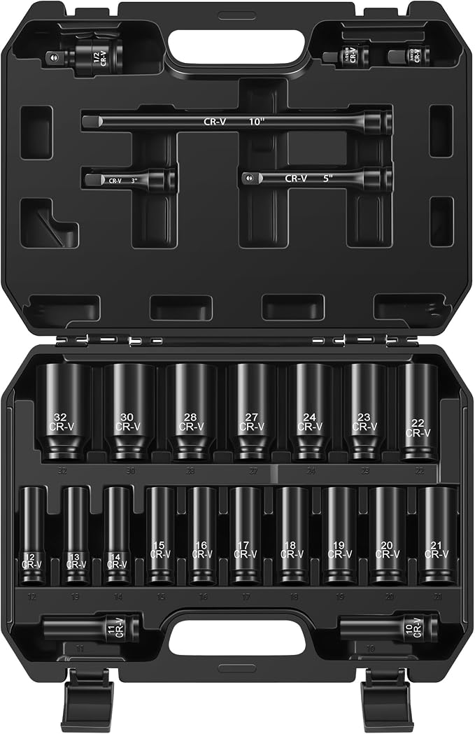 Reniteco 25-Piece 1/2" Drive Socket Set, Metric(10mm-32mm), Deep Sockets, Extension Bars, 1/2" F to 3/8" M Reducer,3/8" F to 1/2" M Reducer, Universal Joint, 6 Point Design, Cr-V