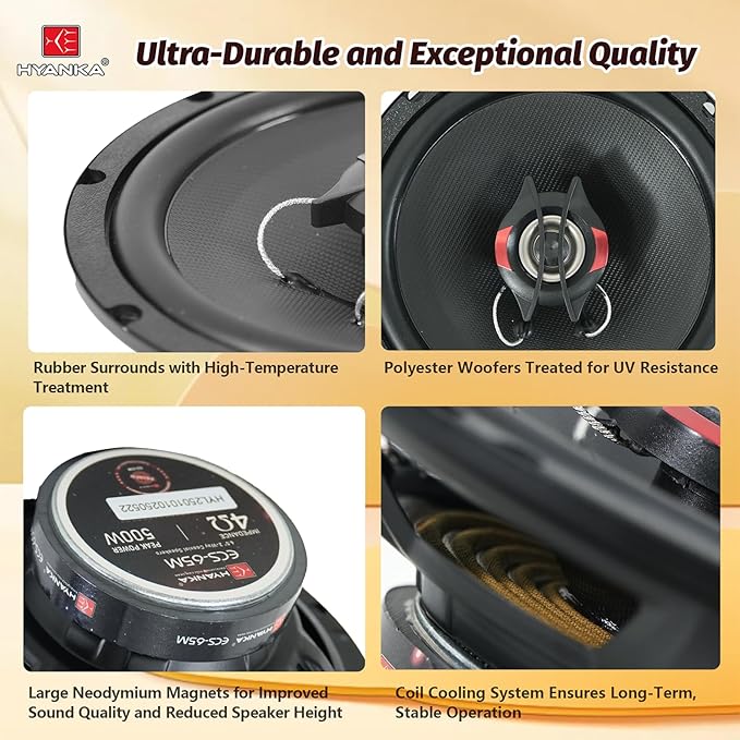 H YANKA ECS-65M 6.5" Car Door Speakers, 350W Peak Power, 2-Way Coaxial Full-Range Stereo, Clear Sound, Low Distortion, with Install Kit, Ideal for Cars, Trucks, Jeeps (1 Pair)