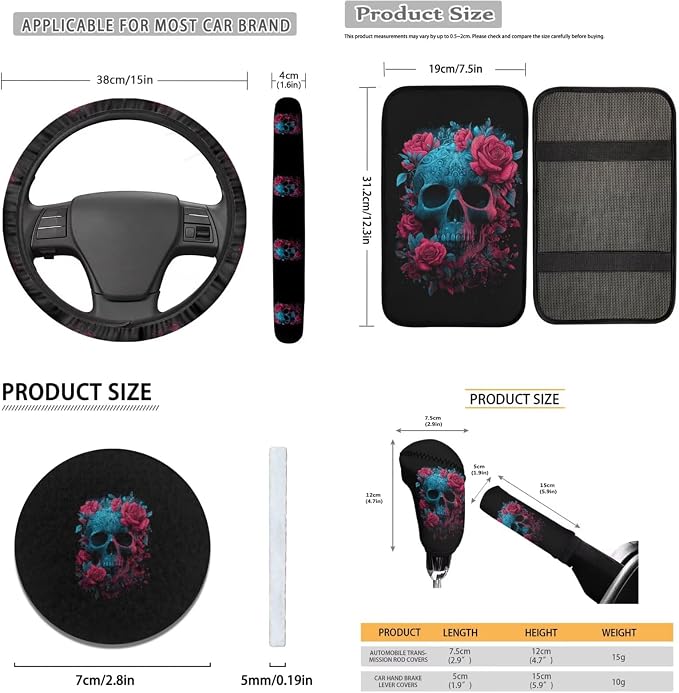 Lotusorchid Skull Print Automotive Seat Covers and Accessories, Rose Print Car Seats Covers Full Set with Steering Wheel Cover Car Armrest Box Pad Seat Belt Cover Auto Cup Coaster, Black