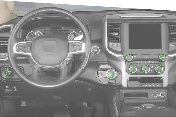 Jimen for Ram Center Console Knob Covers, 7PCS AC Air Conditioner Audio Volume Button & Headlight Switch & 4WD Shifter Knob Ring Trim Fit for Dodge Ram 2018-2025 (Green)