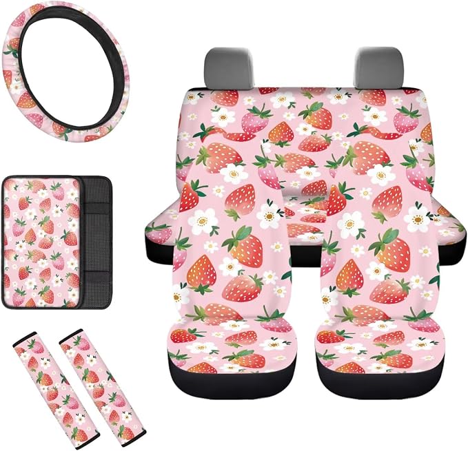 8 Pcs Strawberry Car Seat Covers Full Set Car Accessories for Women Front Seat Cover Steering Wheel Armrest Cover Seat Belt Cover for Auto SUV Interior Decoration