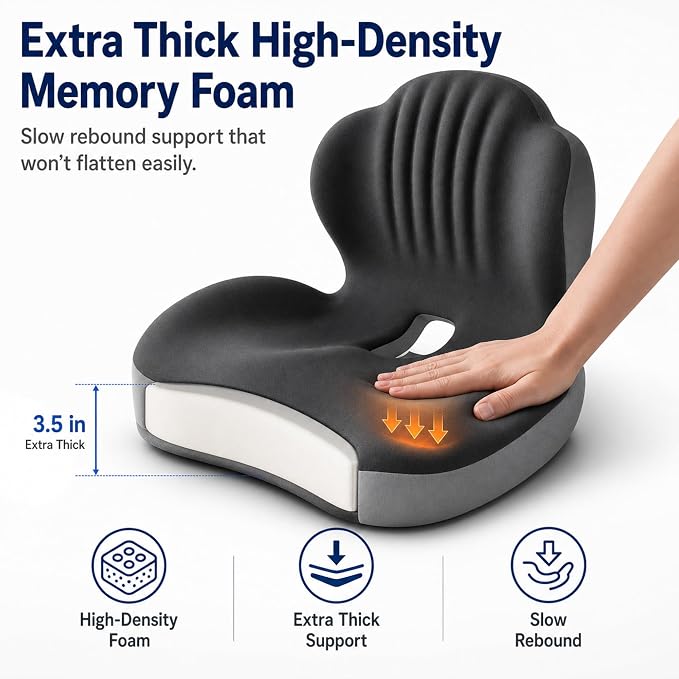 Seat Cushion With Lumbar Support, Extra Thick High Density Ergonomic Seat Cushion For Office Chair And Car Seat, Non-Flattening Memory Foam With Tailbone Pressure Relief And Back Support (Dark Grey)