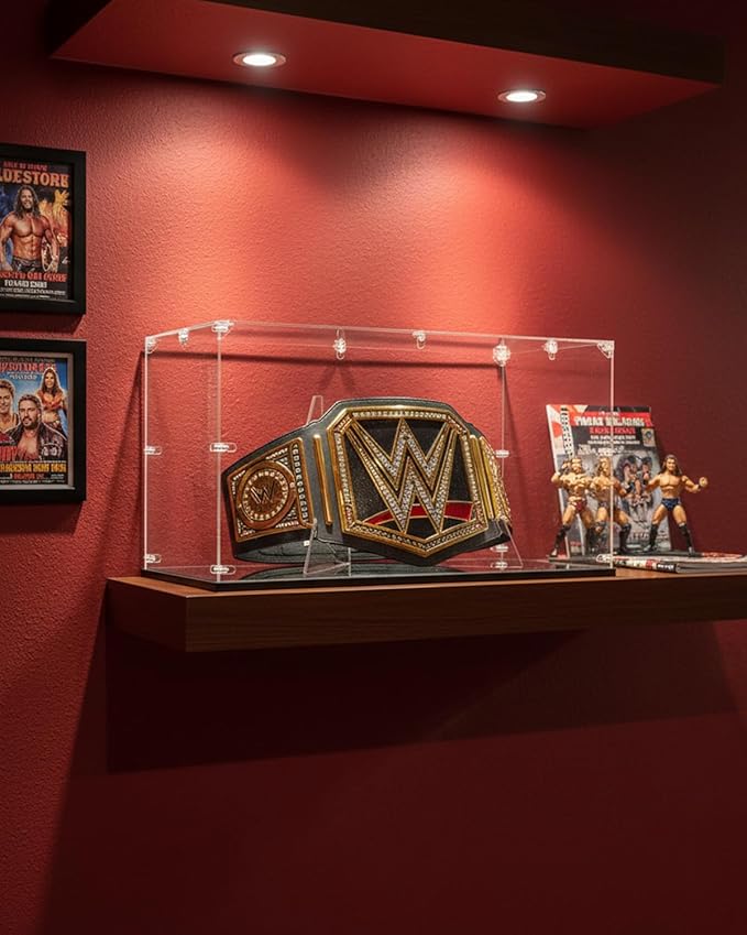 Acrylic Championship Belt Display Case – 3mm Clear Acrylic with Built-in Wrestling Belt Stand, Large 21.8" x 15.9" x 13.2" Showcase Box, Durable Corner-Connector Design – Fits Most Championship Belts