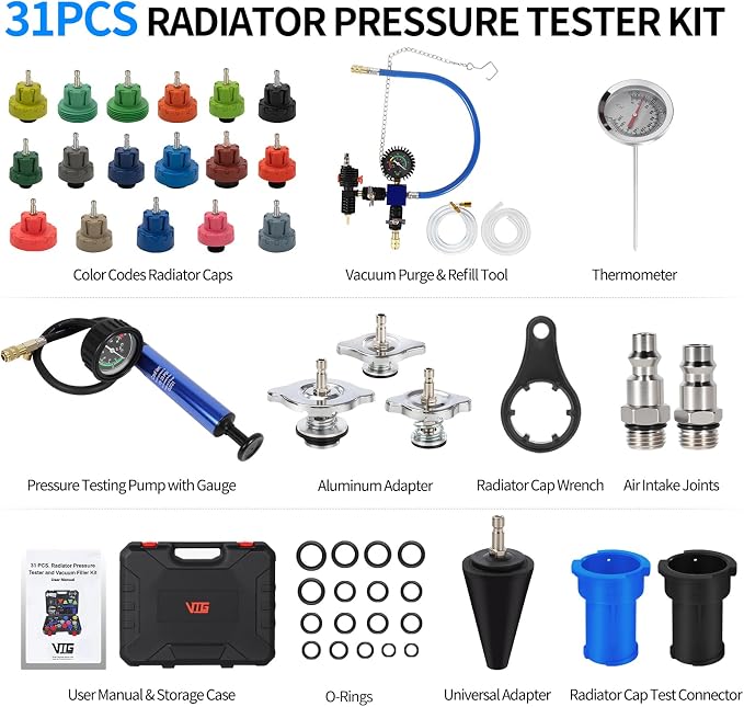 VTG VOGTEN 31PCS Coolant Pressure Tester Kit,Radiator Pressure Tester and Vacuum Refill Kit for Automotive Cooling System Water Tank Leakage Detection