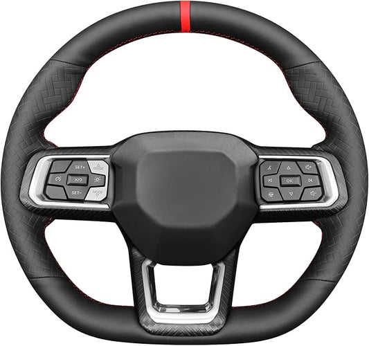 MEWANT Hand Stitch Black Solid Woven Embossed Artificial Leather Steering Wheel Cover for Ford Mustang 2024