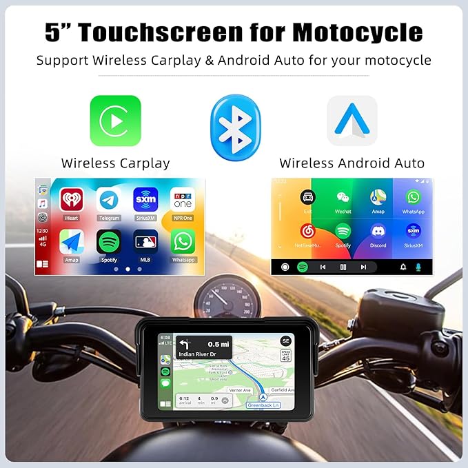 CAMECHO Motorcycle Wireless CarPlay & Android Auto Screen, 5" IP68 Waterproof HD for Moto Motorbike Touchscreen Car Stereo Support Bluetooth, GPS, Siri, USB Upgrade TF 12V