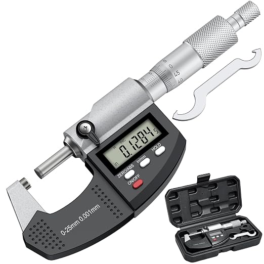 HDLKNAK Dual-Mode Micrometer, Digital Outside Micrometer Precision Measuring Tool, 0-1"/0-25 mm, Inch/Metric 0.00005"/0.001 mm, Machinist Thickness Gauge Tool, Large LCD Display with Protective Case.