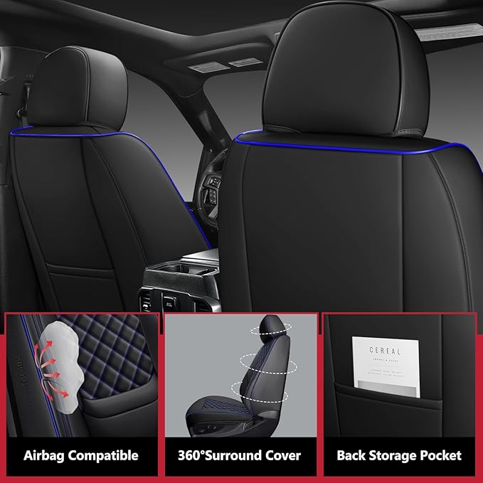 F150 Seat Covers 2015-2026 Full Set, Truck Interior Sets with Lumbar Support Custom Fit for Ford F150 2015-2026, F250/F350/F450 2017-2026 Super Duty Crew Cab XLT XL Lariat Platinum, BlackBlue