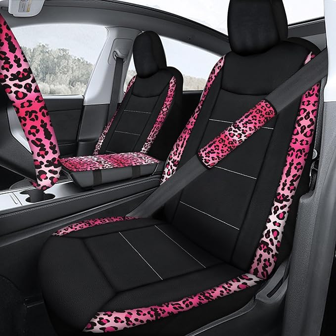 23 Pcs Car Seat Cover Full Set for Women,Universal Car Seat Cover, Print Printing Car Steering Wheel Cover Center Console Armrest,Sunglass Holder Accessories Full SUV (Pink Leopard Print)