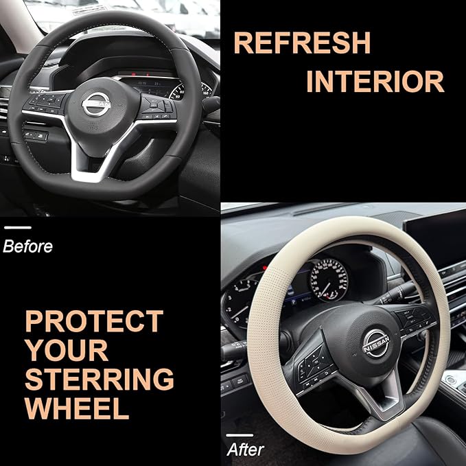 PINCTROT D Shaped Nappa Leather Steering Wheel Cover, Slim Fit No Bulk Design, One Piece Leather with Breathable Perforation, Fit Like Gloves, Flat Bottom 14.5-15 Inch(Nappa Beige)