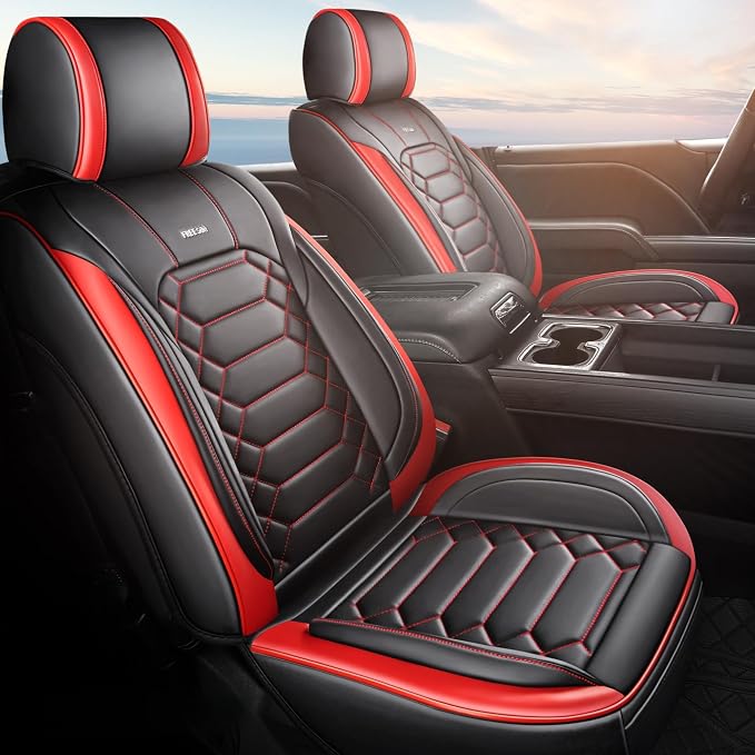 FREESOO for Silverado 2014-2018 2 Front Seat Covers, Fit for Chevy Silverado GMC Sierra 1500 2500 3500 Crew Cab Waterproof Truck Seat Covers BlackRed