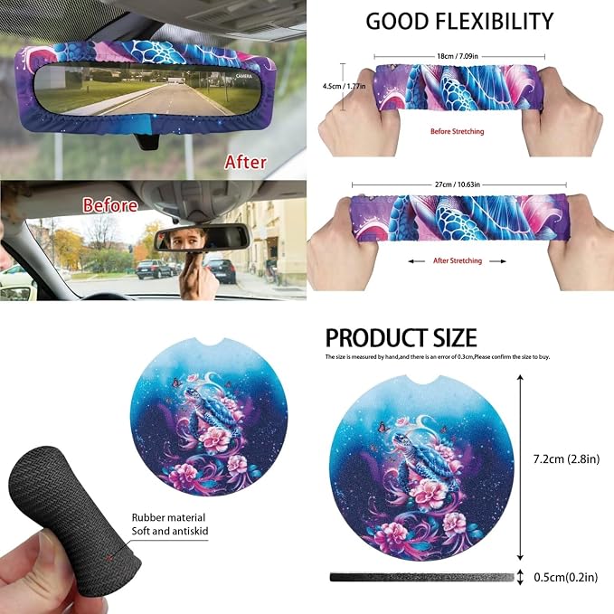 Floral Turtle 15Pcs Car Seat Cover Full Set Car Steering Wheel Cover Seat Belt Cover Trash Bin Front Rear View Mirror Car Cup Holder Keychain