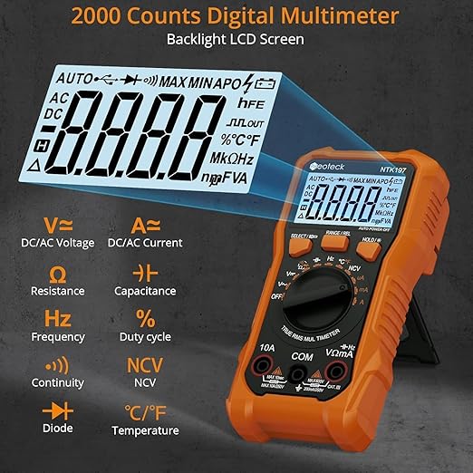 Neoteck 2000 Counts Digital Multimeter Voltmeter Tester with NCV, LCD for AC/DC Voltage&Current, Resistance, Capacitance, Live Wire, Frequency, Temperature, Duty Cycle, Continuity, Diode Measuring | NCV Multi Tester for resistance, capacitance, live wi...