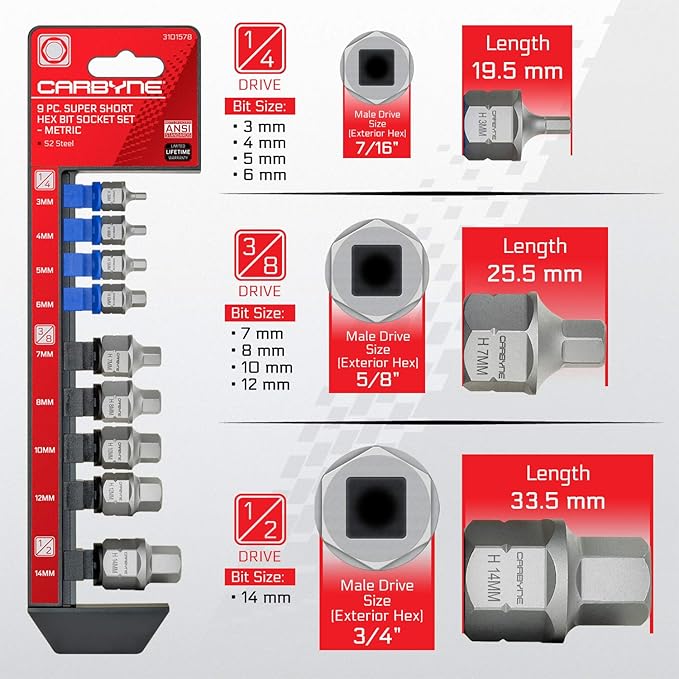 CARBYNE 9-Piece Metric Stubby Low Profile Hex (Allen) Bit Socket Set, 3mm to 14mm, S2 Steel, Super Short Allen Sockets, Dual Drive Internal Square and External Hex for Tight Confined Spaces