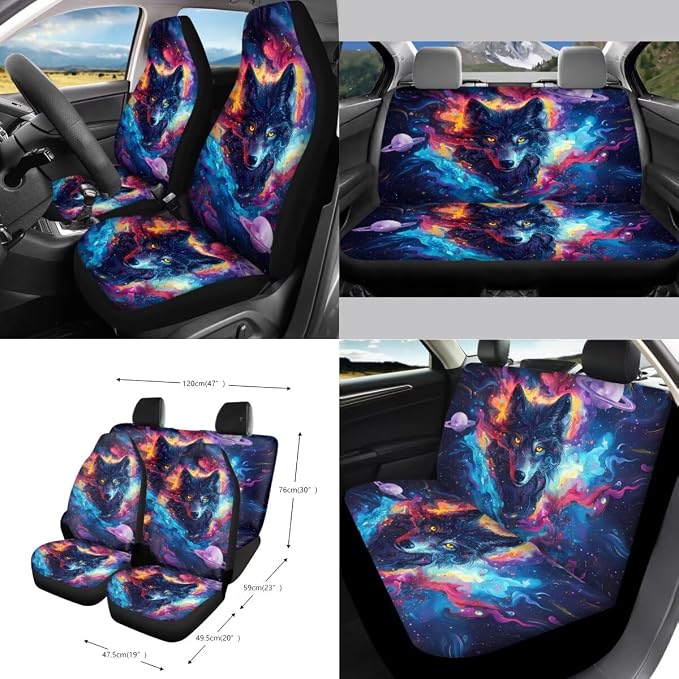Galaxy Wolf Print Car Front Back Seat Cover Set of 15 Steering Wheel Covers Seatbelt Strap Pad Garbage Cans Air Vent Storage Holder Rear View Mirror Cover Cup Holder Key Chain