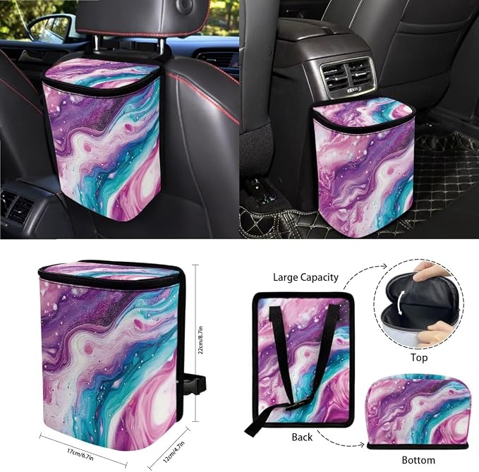 Marble Print 15 Pack Car Seat Covers Set with Steering Wheel Cover Seatbelt Strap Cover Rearview Mirror Covers Cup Coasters Air Vent Storage Bag Trash Bag Key Chain