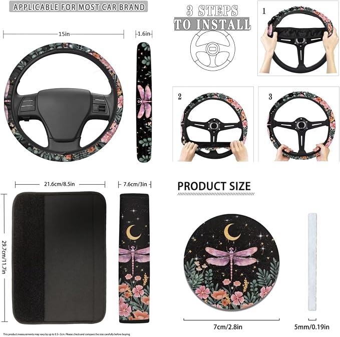 12 Pack Car Seat Covers Dragonfly with Moon and Stars Seat Cover for Cars，Universal Fit Cottagecore Style Auto Steering Wheel Cover Seatbelt Keychain Cup Coaster for Drink，Auto Interior Set