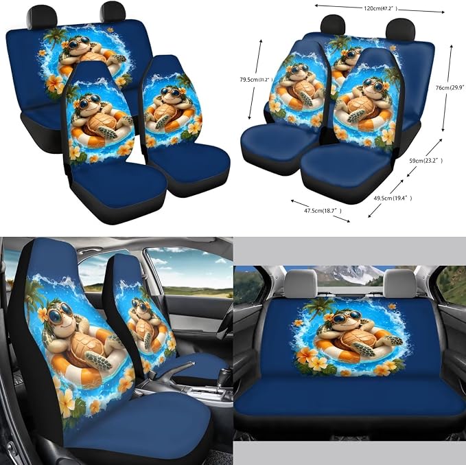 Forchrinse Hawaiian Sea Turtle Car Seat Covers 15 Pcs Auto Interior Cover Set with Steering Wheel Cover,Armrest Seatbelt Pads,Car Garbage Can,Coaster,Handbrake Gearshift Cover for SUVs Trucks