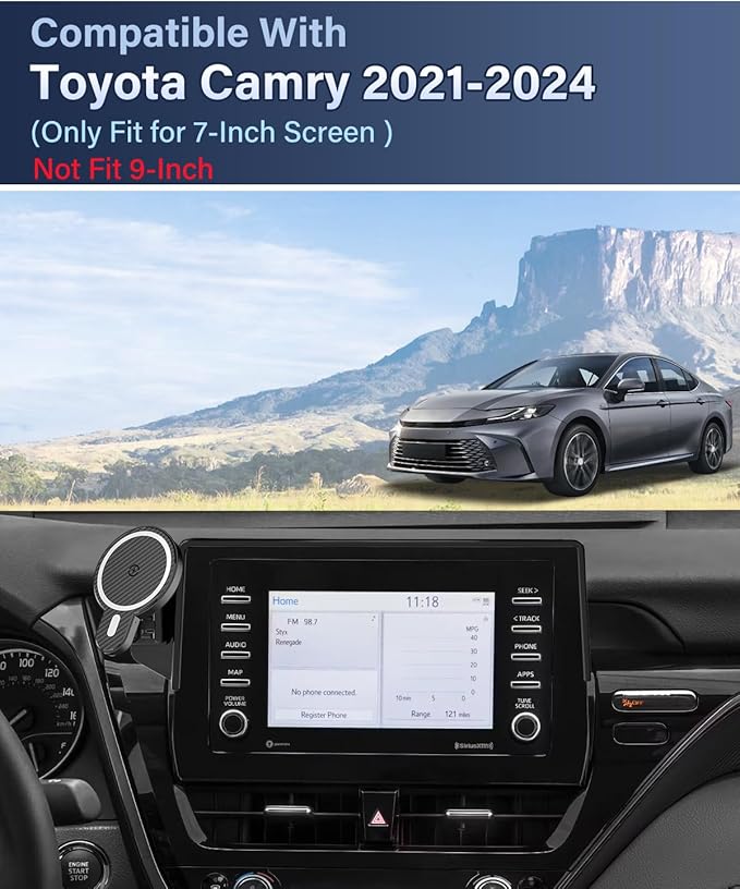 PZK Car Phone Holder for Toyota Camry 2021-2024 LE/SE/SE Nightshade/TRD Accessories 7-Inch Screen Fixed Clip Magnetic 15W Fast Wireless Charger Car Phone Mount 360° Rotation (Not Fit 9-Inch)