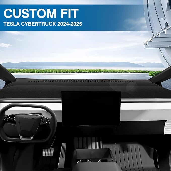 KUST Black Dash Cover for Tesla Cybertruck 2024 2025 2026 Polyester Dashboard Cover Non-Slip Interior Accessories for Tesla Cybertruck Custom Fit Dash Mat Sunshade Windshield No Glare