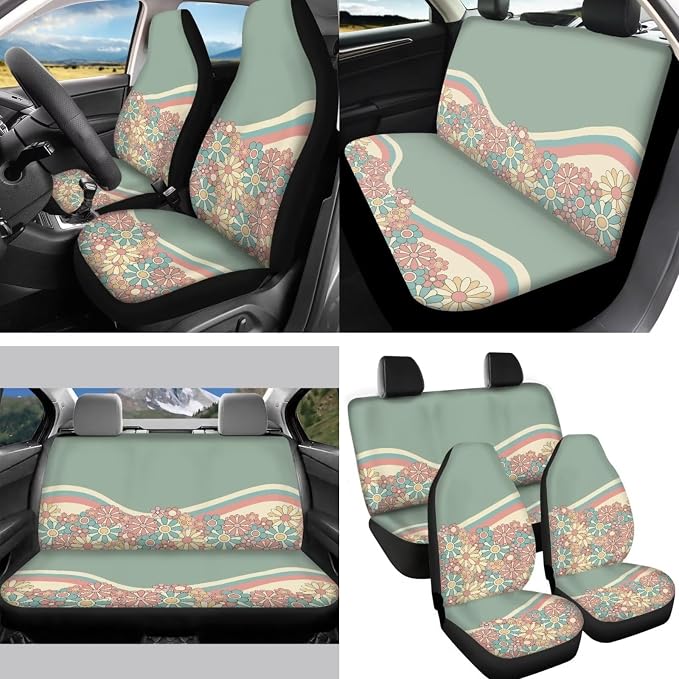 Abstract 70S 80S Green Groovy Flower Car Seat Cover Full Sets for Women,14Pack,Green Swirl Wavy Auto Seat Covers for Front Back,Coaster,Keychain,Seatbelt Pads,Auto Rear View Mirror Cover
