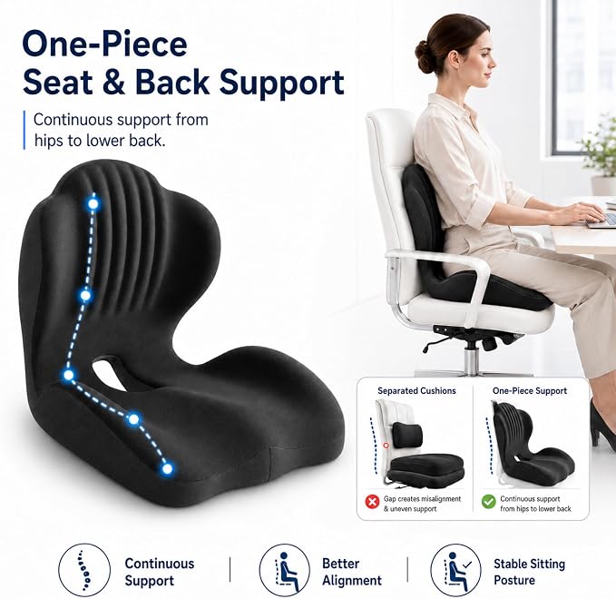 Seat Cushion With Lumbar Support, Extra Thick High Density Ergonomic Seat Cushion For Office Chair And Car Seat, Non-Flattening Memory Foam With Tailbone Pressure Relief And Back Support (Black)