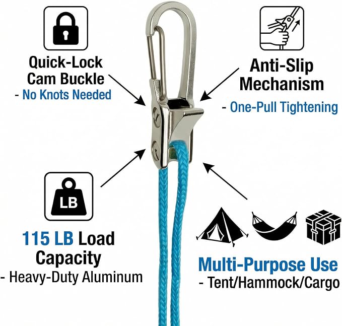 9 Pack Rope with Roller Tensioner for Easy and Secure Tying,2026 New Heavy Duty Retractable Buckle Rope with Accessory Cord for Camping Boating Home Storage Outdoor Use (Silver 9)