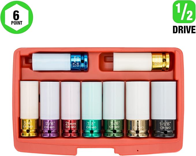 OEMTOOLS 24224 9 Piece 1/2" Drive Wheel Protector Impact Socket Set, Extra Thin Wall Socket Set, Keeps Lug Nuts and Wheels Protected, SAE & Metric Sockets