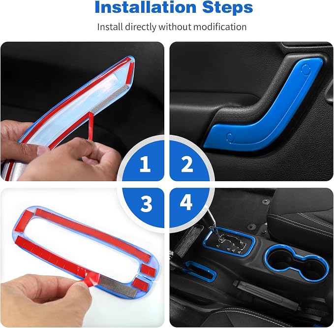 CheroCar 18PCS Interior Trim Kit for Jeep Wrangler JK JKU 2011-2018 4 Door,Steering Button Frame, Air Conditioning Vent Trim Cup Holder Cover,Gear Shift Knobs Frame,Blue…