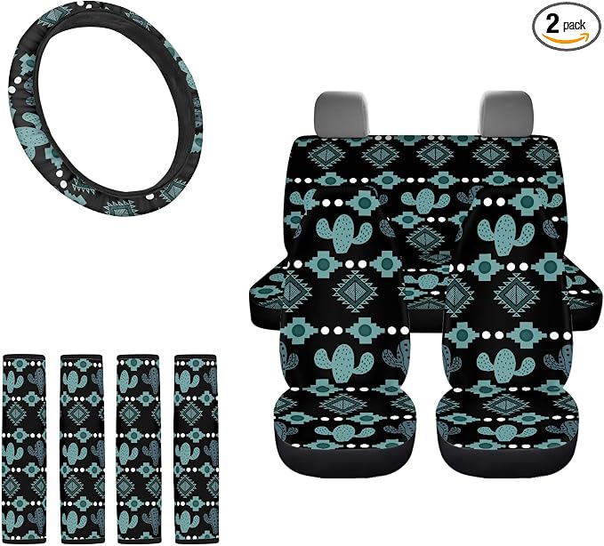 Western Seat Covers Full Set with Cactus Aztec Tribal Steering Wheel Cover, Shoulder Pads, Aztec Seat Covers Car Accessories Universal Fit for Most Cars, Green
