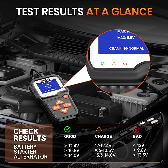 ANCEL BA301 6V 12V Car Battery Tester, 100-2000 CCA Automotive Load Tester Alternator Tester Auto Digital Battery Analyzer Cranking and Charging System Test Tool for Motorcycle Car Boat Truck SUV ATV