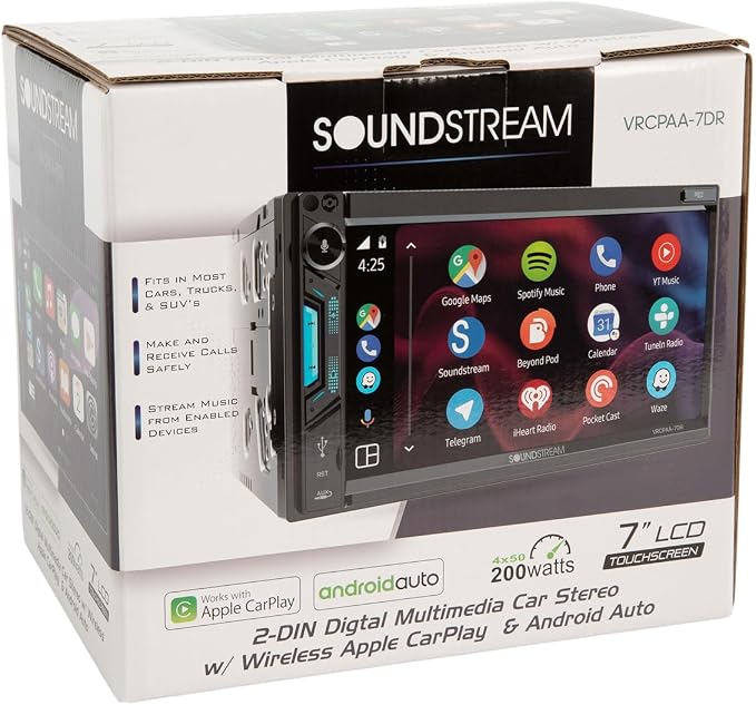 Soundstream VRCPAA-7DR 7" Double DIN Touchscreen Car Stereo, Wireless Apple CarPlay & Android Auto, Bluetooth Hands-Free, USB/AUX, Backup Camera Input, Steering Wheel Control, FM/AM, In-Dash Head Unit