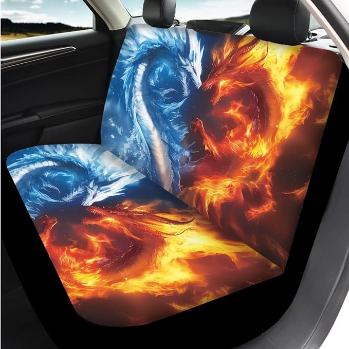 Bulopur Fire Ice Dragon Car Seat Covers Front and Rear with Steering Wheel Cover Elastic Center Console Cushion Anti-Slip Seat Belt Pads 14 Piece Vehicle Interior Decor Set