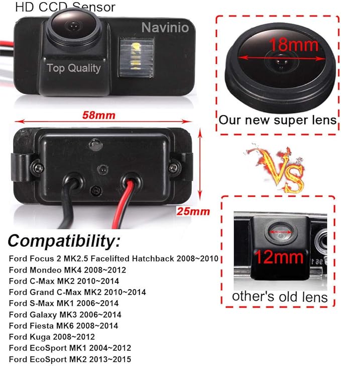 HD IP68 1280Pixels Auto Car 170° Wide Angle License Plate Light Rear View Reversing Backup Camera Parking Aids System Compatible with Ford Focus Mondeo MK4 CMax SMax Galaxy Fiesta MK6 Kuga EcoSport