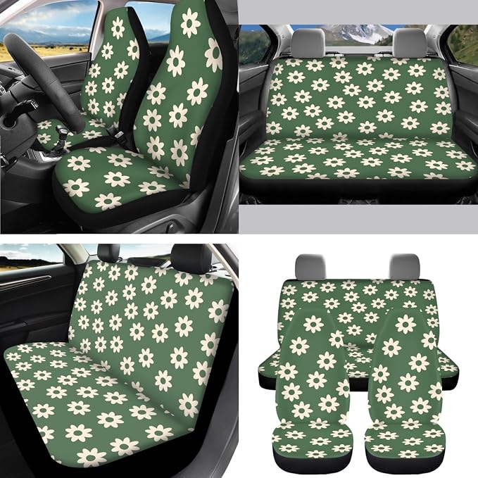 12 Pack Green Groovy Flower Car Seat Cover Sets Abstract Hippie Floral Seat Cushion for Women，Non Slip Coaster +15Inch Steering Wheel Covers Safety Seatbelt Keychains Decor Accessories