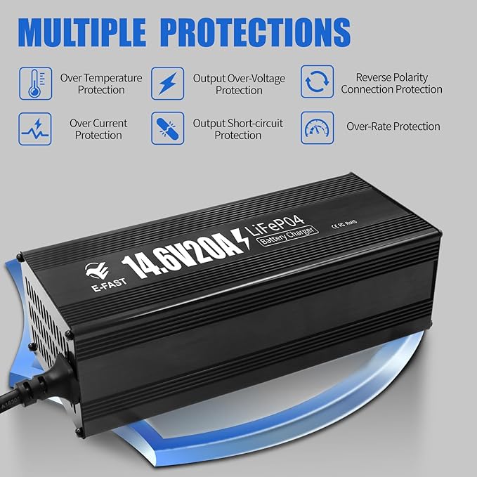 E-FAST 12V 20A Lithium Battery Charger, 14.6V LiFePO4 Battery Charger with Premium Aluminum Housing - 0V Activation for Golf Cart, RV, Marine, Boat, Trolling Motor - Includes Anderson Connector