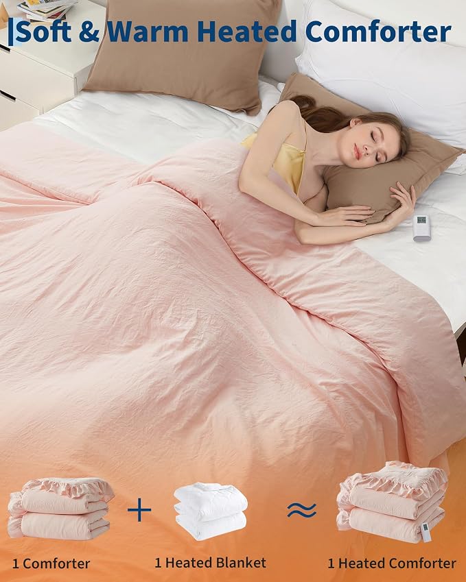 Heated Comforter Blanket with Ruffle, Wireless LCD Controller Electric Quilt - Fast Heating, Overheat Protection, ETL Certified, Machine Washable