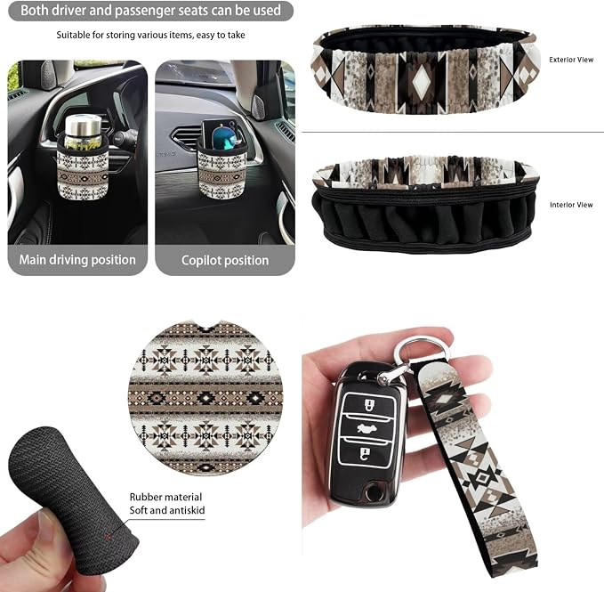XYZCANDO Tribal Prints Automobile Accessories Sets 15 PCS Car Seat Cover Set Steering Wheel Cover Cover Garbage Bag Storage Box Seat Belt Pads Rear View Mirror Cover Coasters Keychain Fit Most Cars