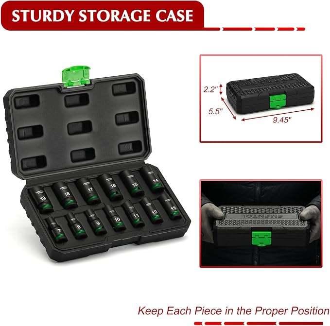 EMENTOL 3/8" Drive Impact Socket Set, Semi-Deep Sockets, 13 Pieces, Metric (7-19mm), 12 Point, CR-MO, Stamped and ink filled